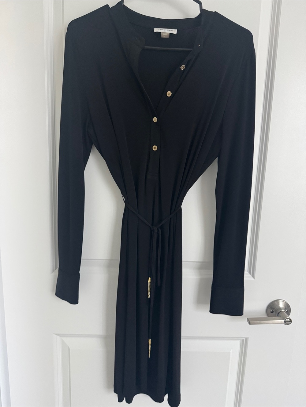 Calvin Klein Black Long Sleeve Shirt Dress with Tie Detail